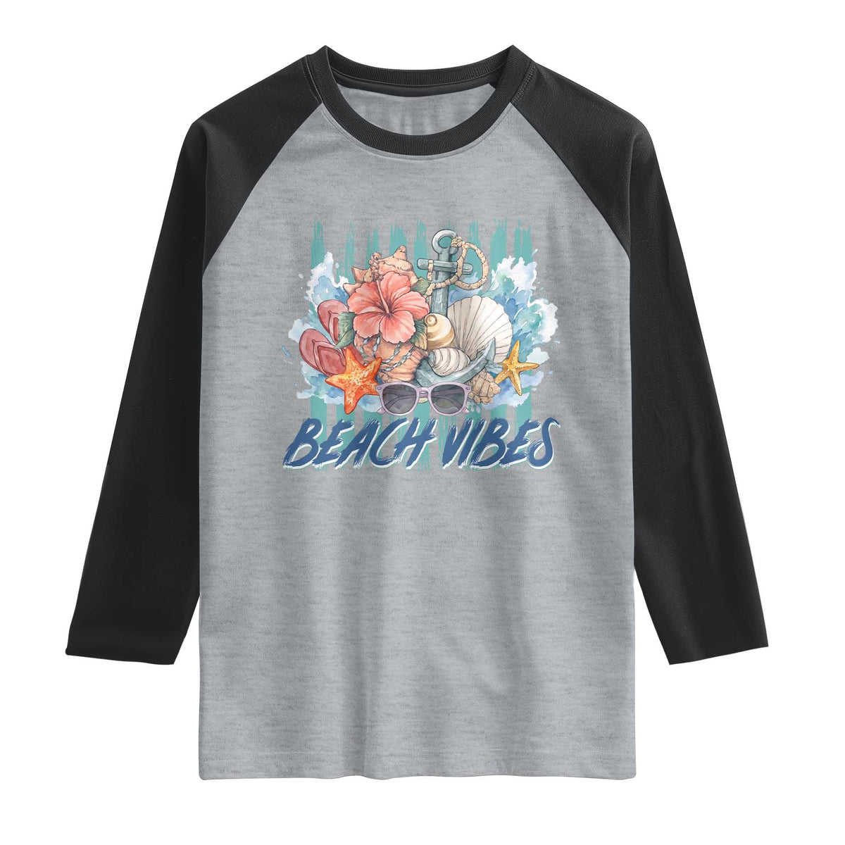 Beach Vibes Raglan Shirt Floral Seashell Coastal Vacation Graphic