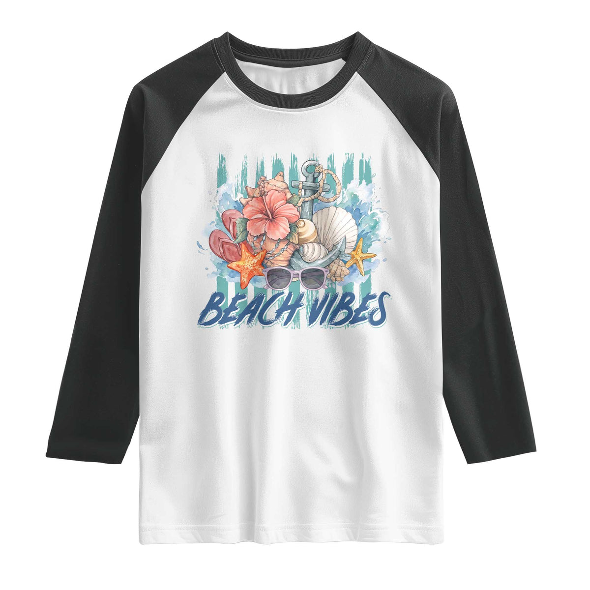 Beach Vibes Raglan Shirt Floral Seashell Coastal Vacation Graphic