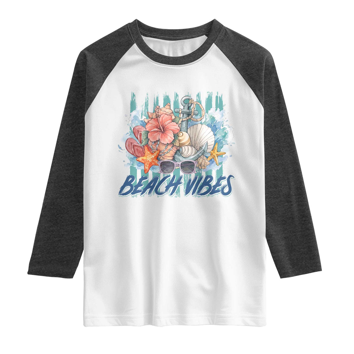 Beach Vibes Raglan Shirt Floral Seashell Coastal Vacation Graphic