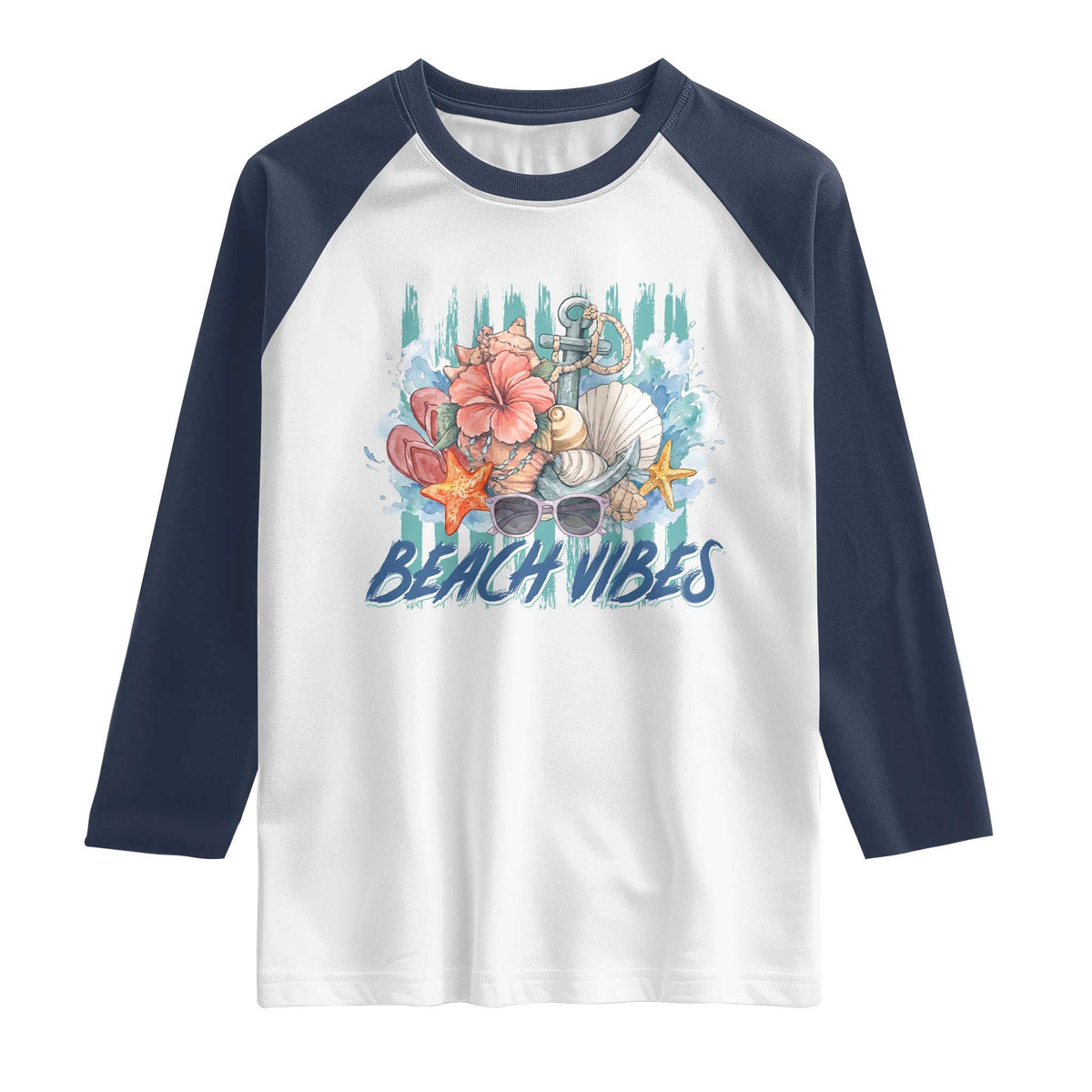 Beach Vibes Raglan Shirt Floral Seashell Coastal Vacation Graphic