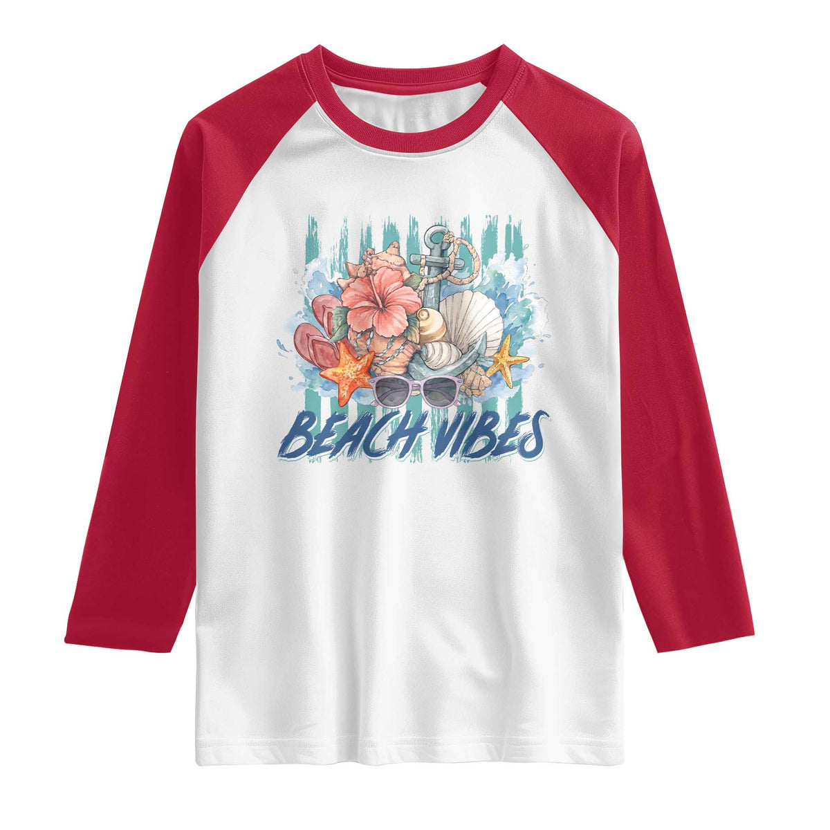 Beach Vibes Raglan Shirt Floral Seashell Coastal Vacation Graphic