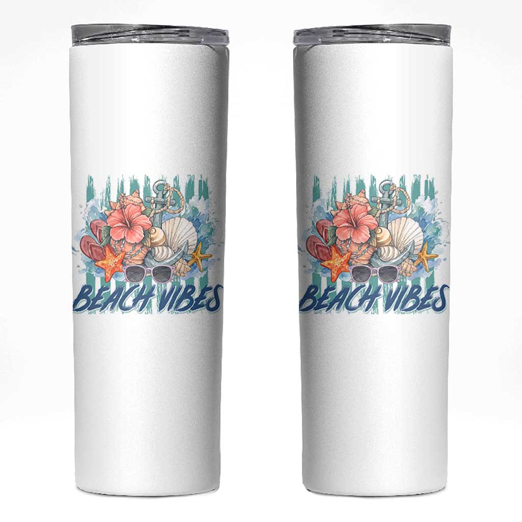 Beach Vibes Skinny Tumbler Floral Seashell Coastal Vacation Graphic