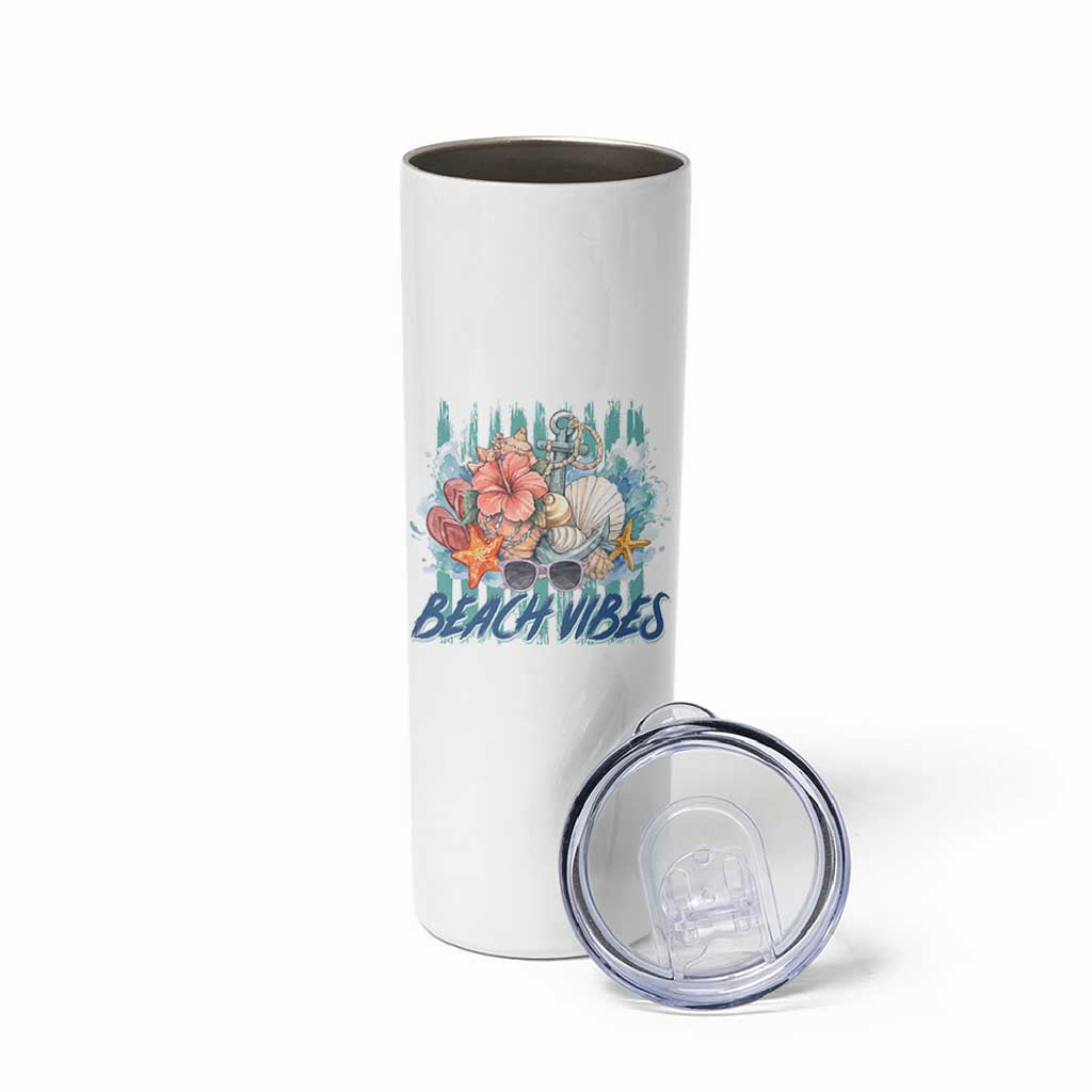 Beach Vibes Skinny Tumbler Floral Seashell Coastal Vacation Graphic