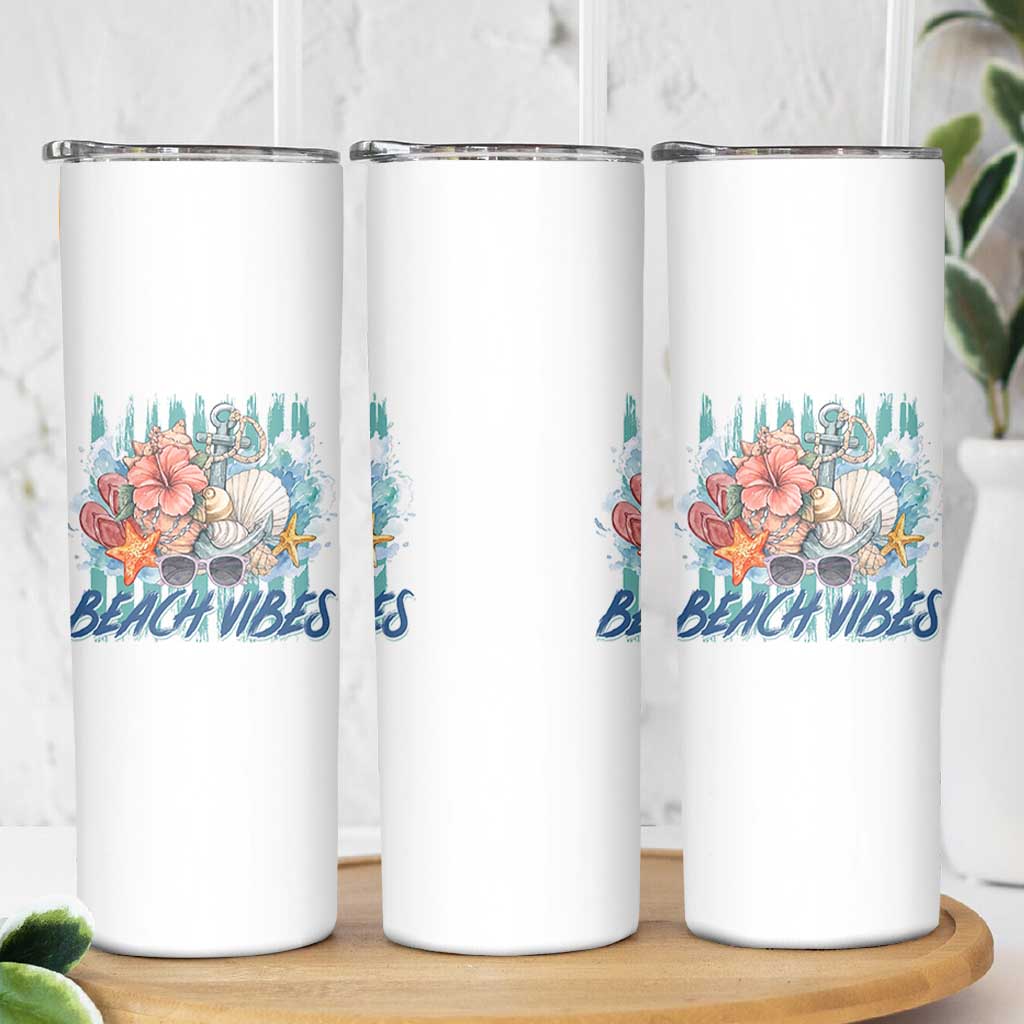 Beach Vibes Skinny Tumbler Floral Seashell Coastal Vacation Graphic