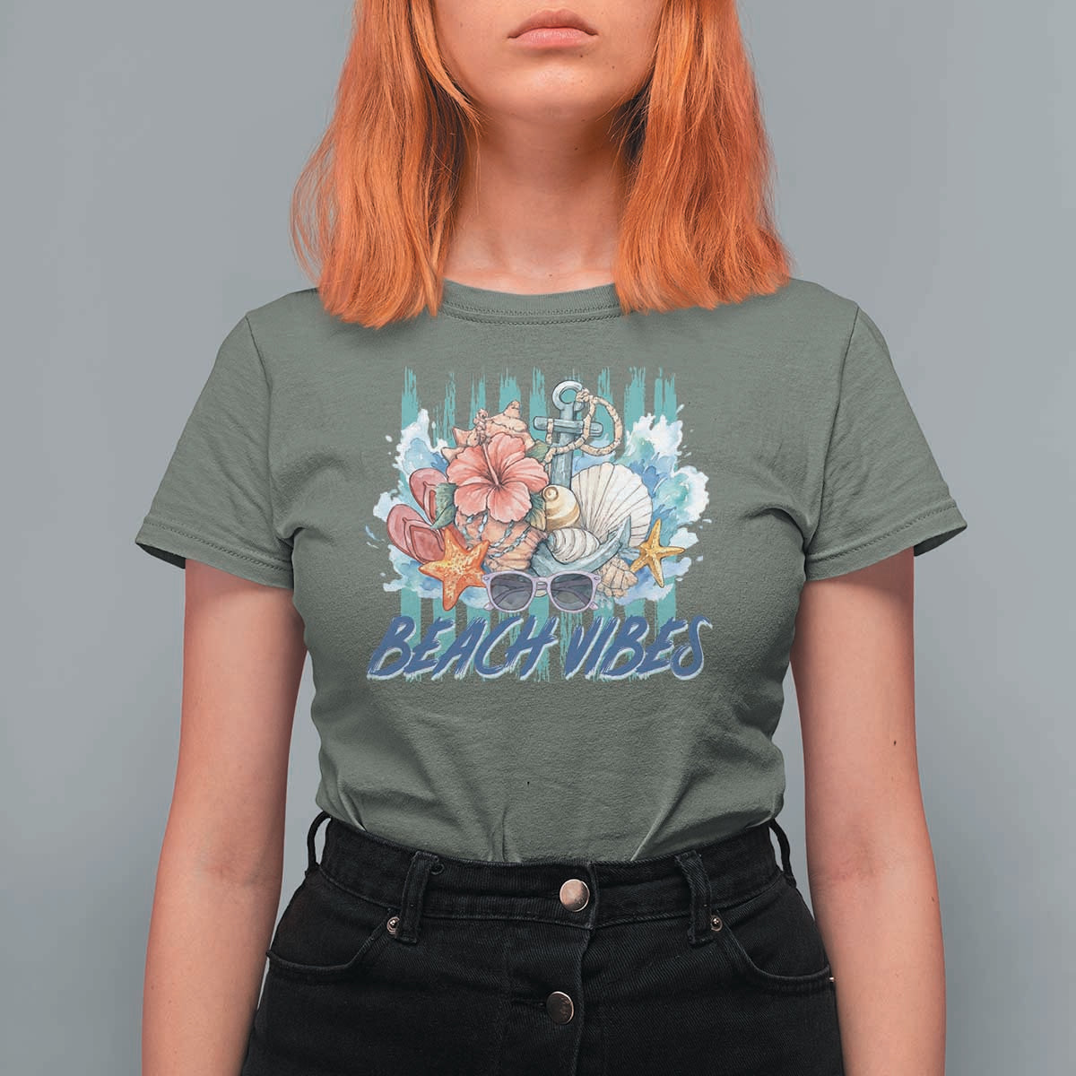 Beach Vibes T Shirt For Women Floral Seashell Coastal Vacation Graphic