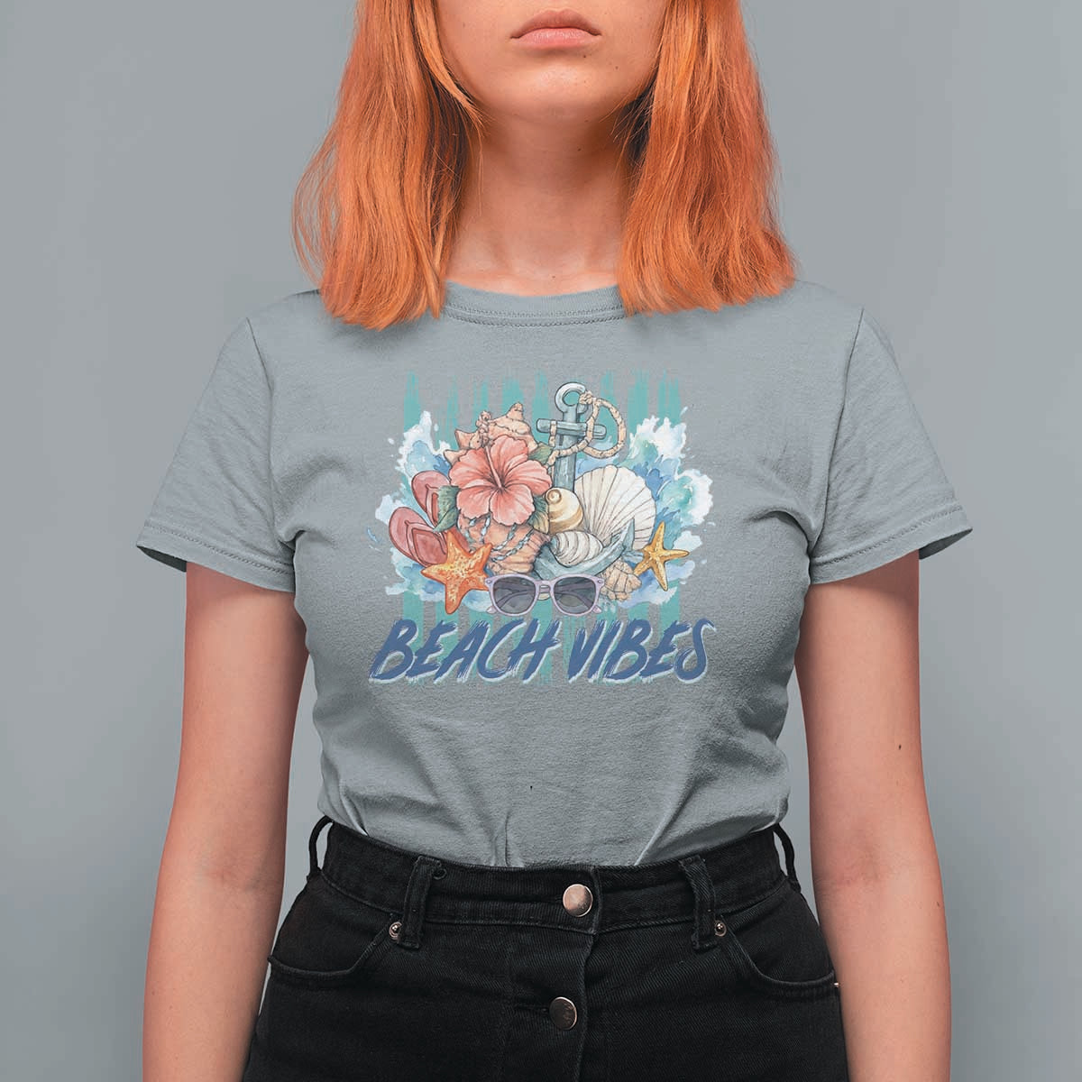 Beach Vibes T Shirt For Women Floral Seashell Coastal Vacation Graphic