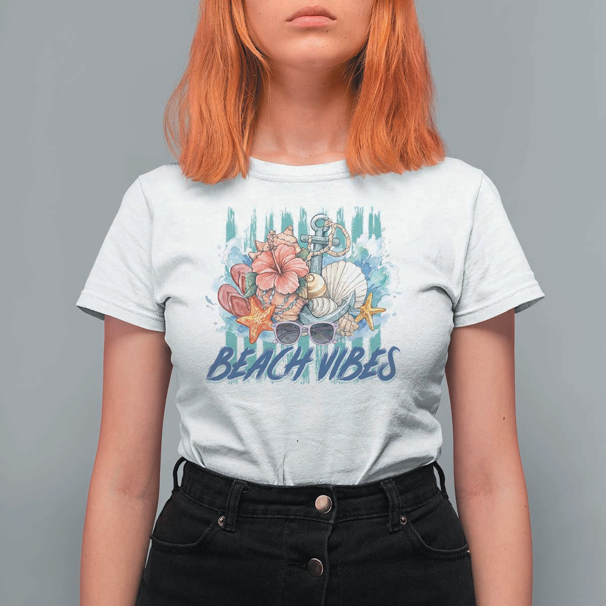 Beach Vibes T Shirt For Women Floral Seashell Coastal Vacation Graphic