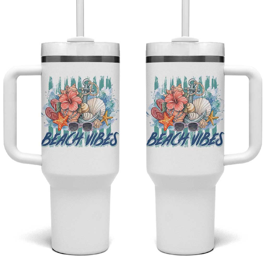 Beach Vibes Tumbler With Handle Floral Seashell Coastal Vacation Graphic