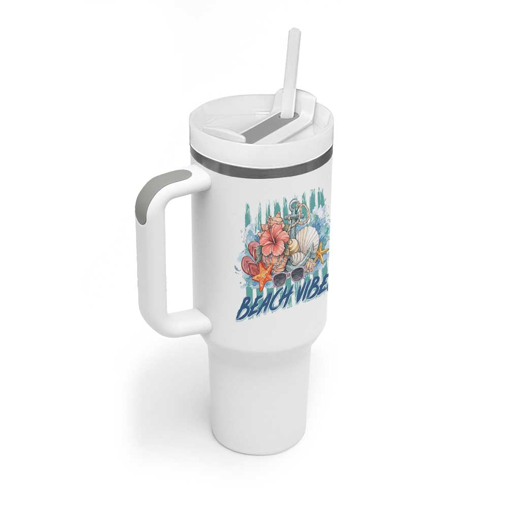 Beach Vibes Tumbler With Handle Floral Seashell Coastal Vacation Graphic