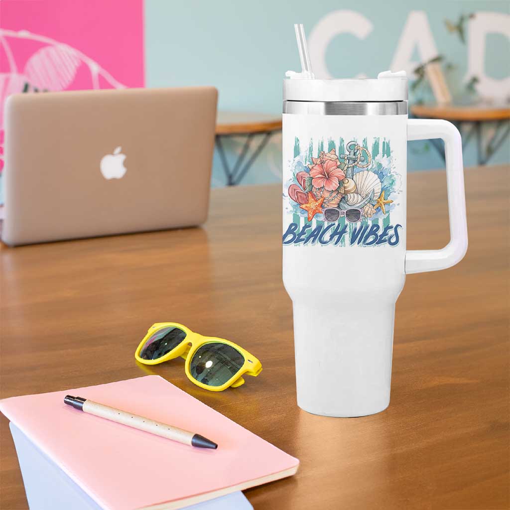 Beach Vibes Tumbler With Handle Floral Seashell Coastal Vacation Graphic