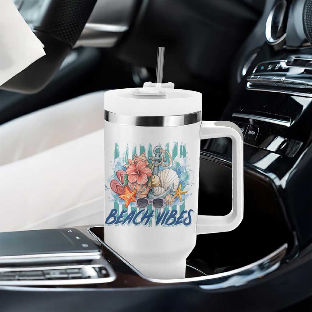 Beach Vibes Tumbler With Handle Floral Seashell Coastal Vacation Graphic