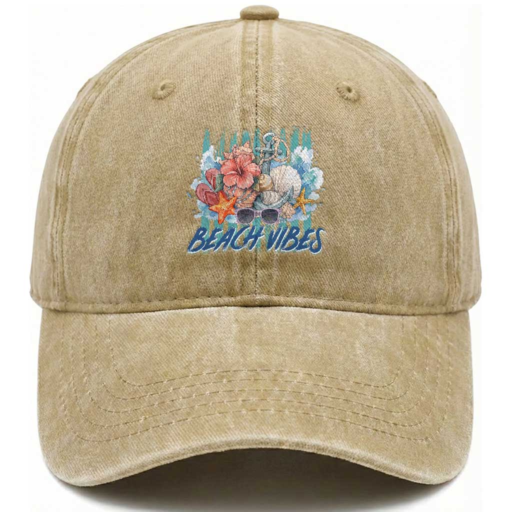 Beach Vibes Washed Cotton Baseball Cap Floral Seashell Coastal Vacation Graphic