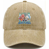 Beach Vibes Washed Cotton Baseball Cap Floral Seashell Coastal Vacation Graphic