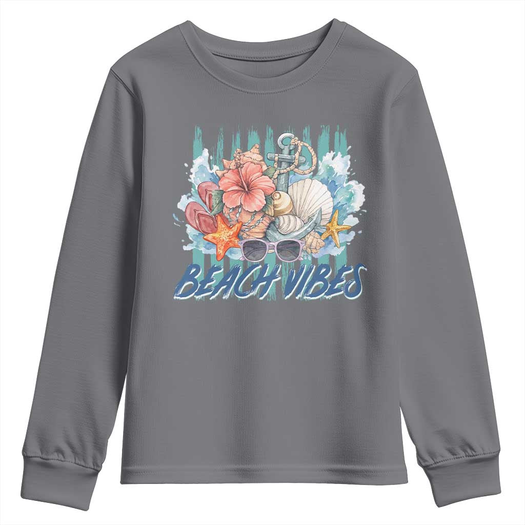 Beach Vibes Youth Sweatshirt Floral Seashell Coastal Vacation Graphic