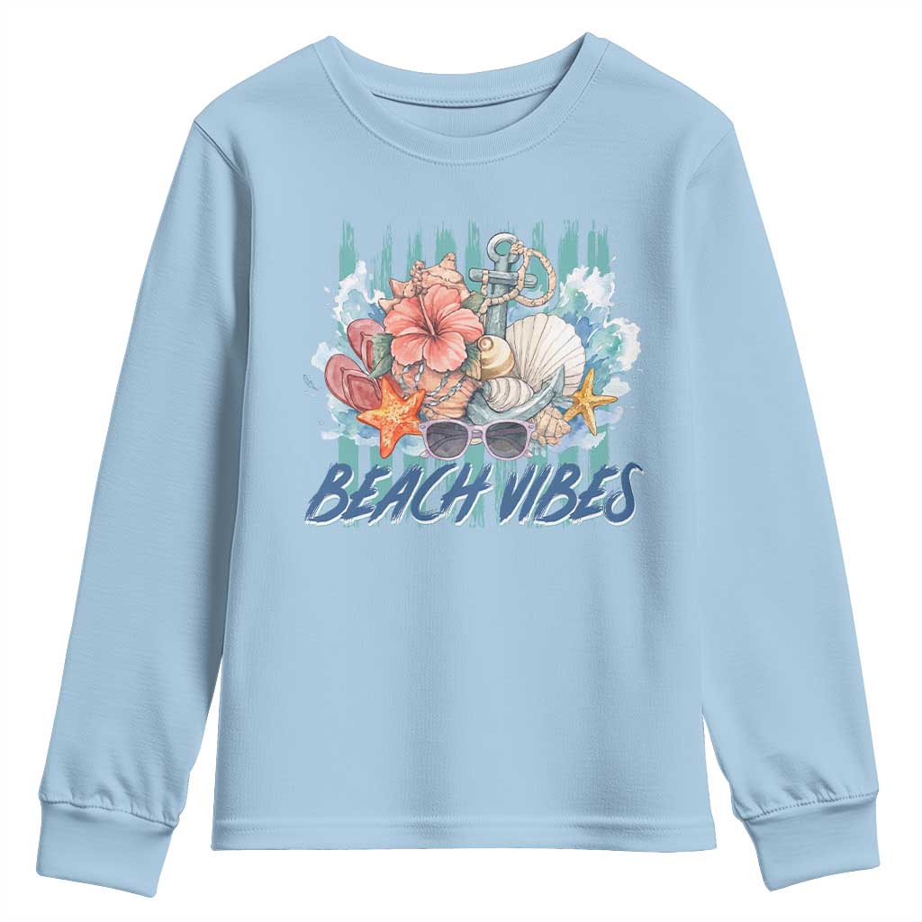 Beach Vibes Youth Sweatshirt Floral Seashell Coastal Vacation Graphic