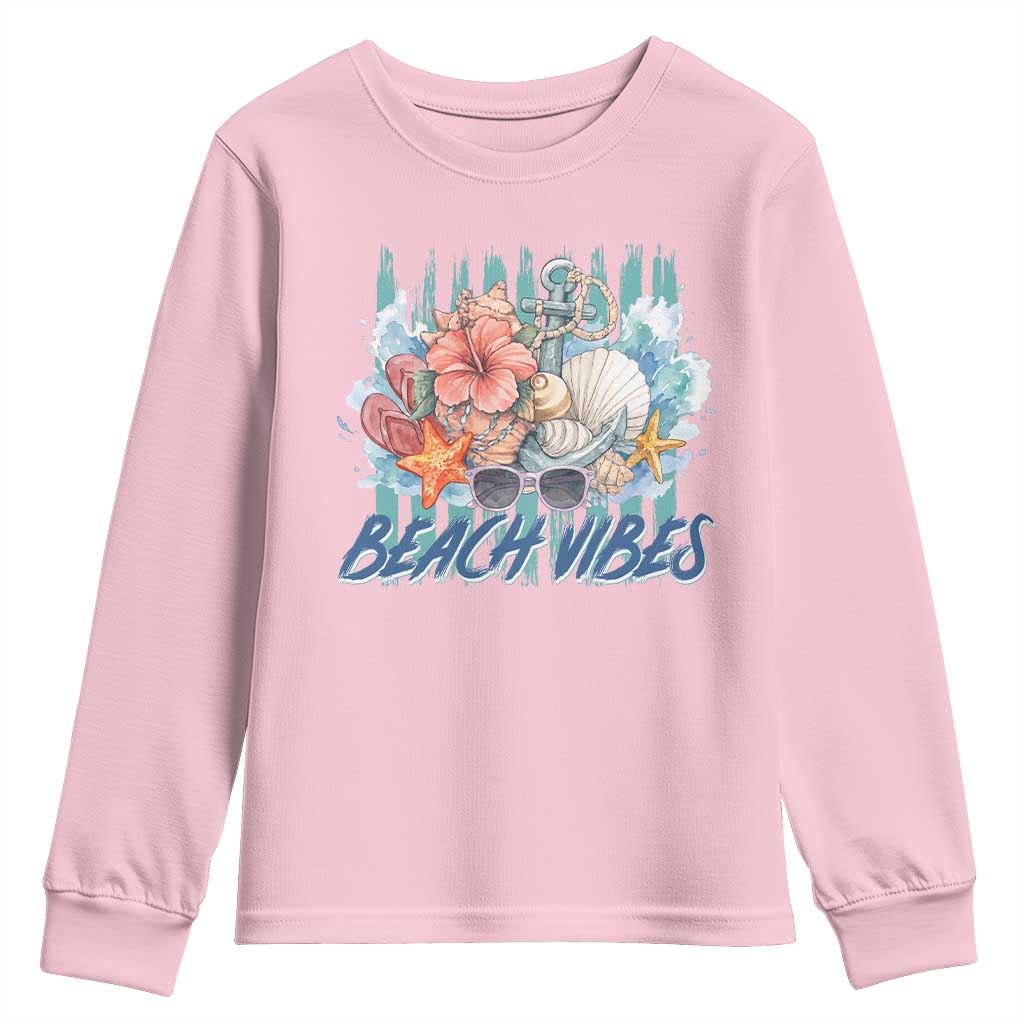 Beach Vibes Youth Sweatshirt Floral Seashell Coastal Vacation Graphic