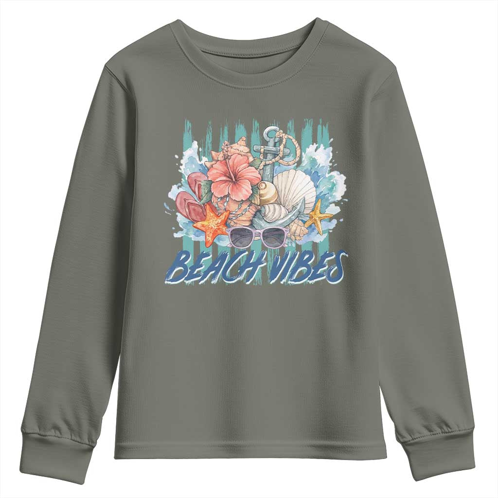 Beach Vibes Youth Sweatshirt Floral Seashell Coastal Vacation Graphic