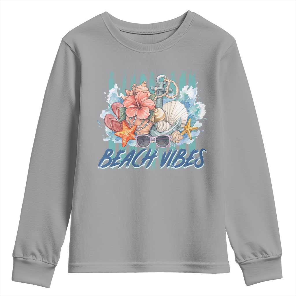 Beach Vibes Youth Sweatshirt Floral Seashell Coastal Vacation Graphic