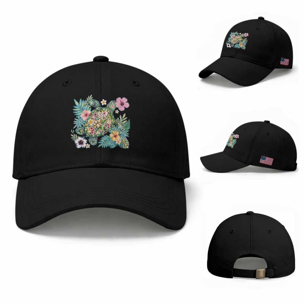 Floral Summer Turtle Baseball Cap Preppy Tropical Coastal Beach Graphic