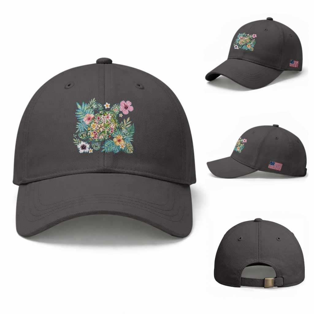 Floral Summer Turtle Baseball Cap Preppy Tropical Coastal Beach Graphic