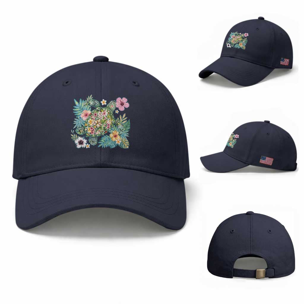 Floral Summer Turtle Baseball Cap Preppy Tropical Coastal Beach Graphic
