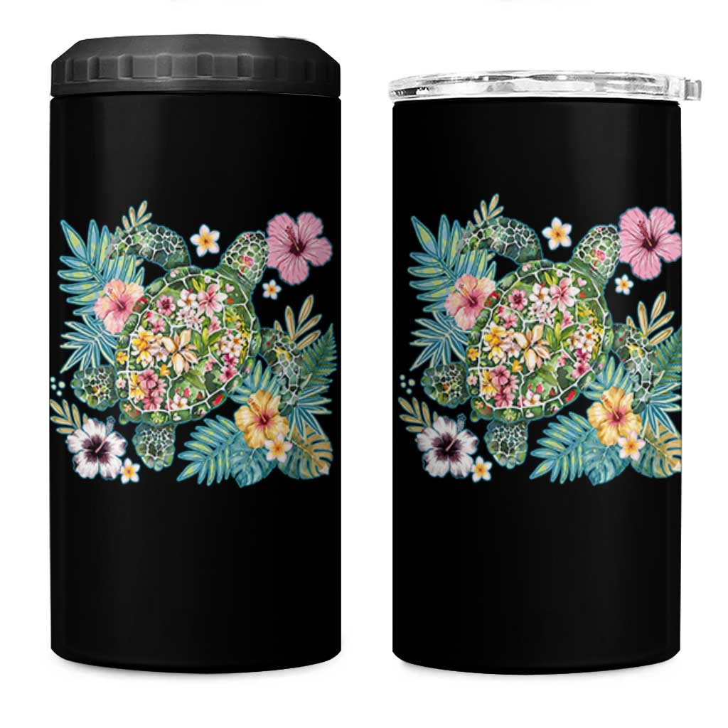 Floral Summer Turtle 4 in 1 Can Cooler Tumbler Preppy Tropical Coastal Beach Graphic