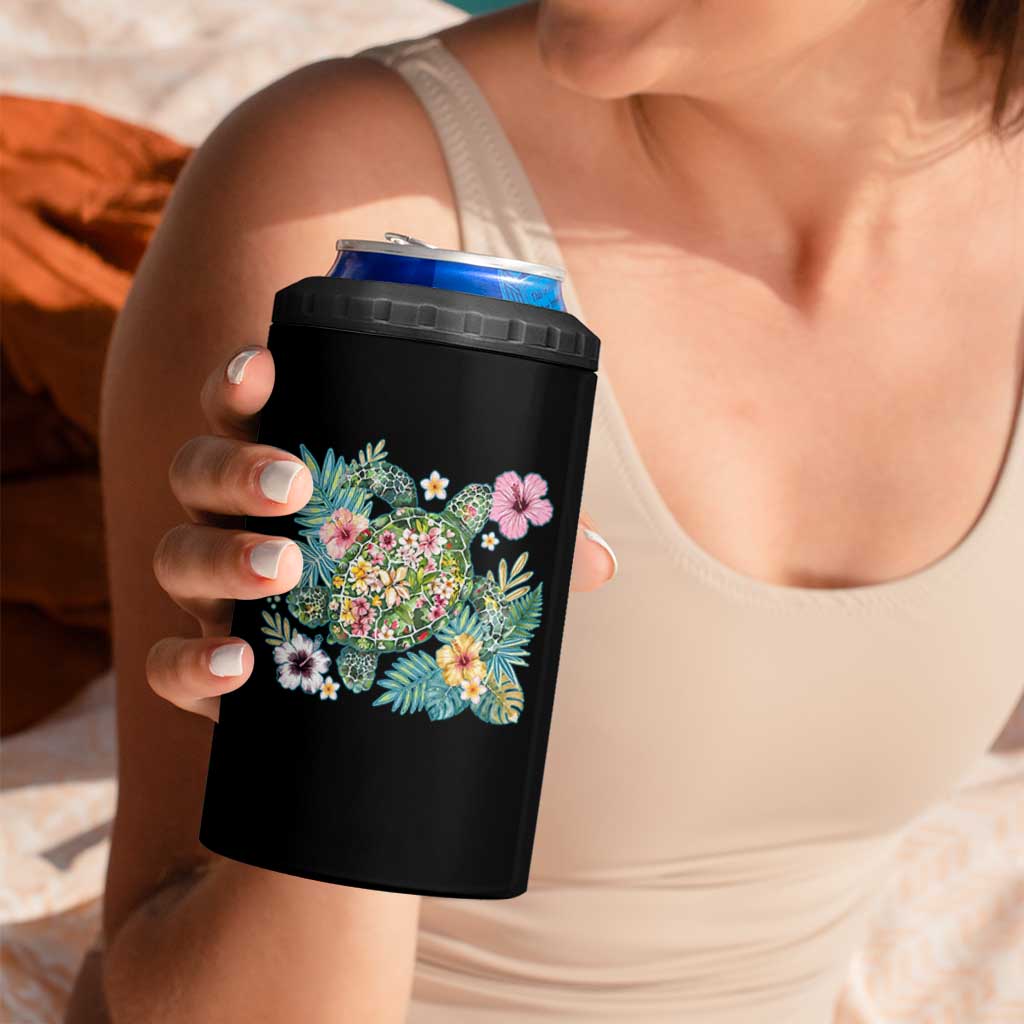 Floral Summer Turtle 4 in 1 Can Cooler Tumbler Preppy Tropical Coastal Beach Graphic