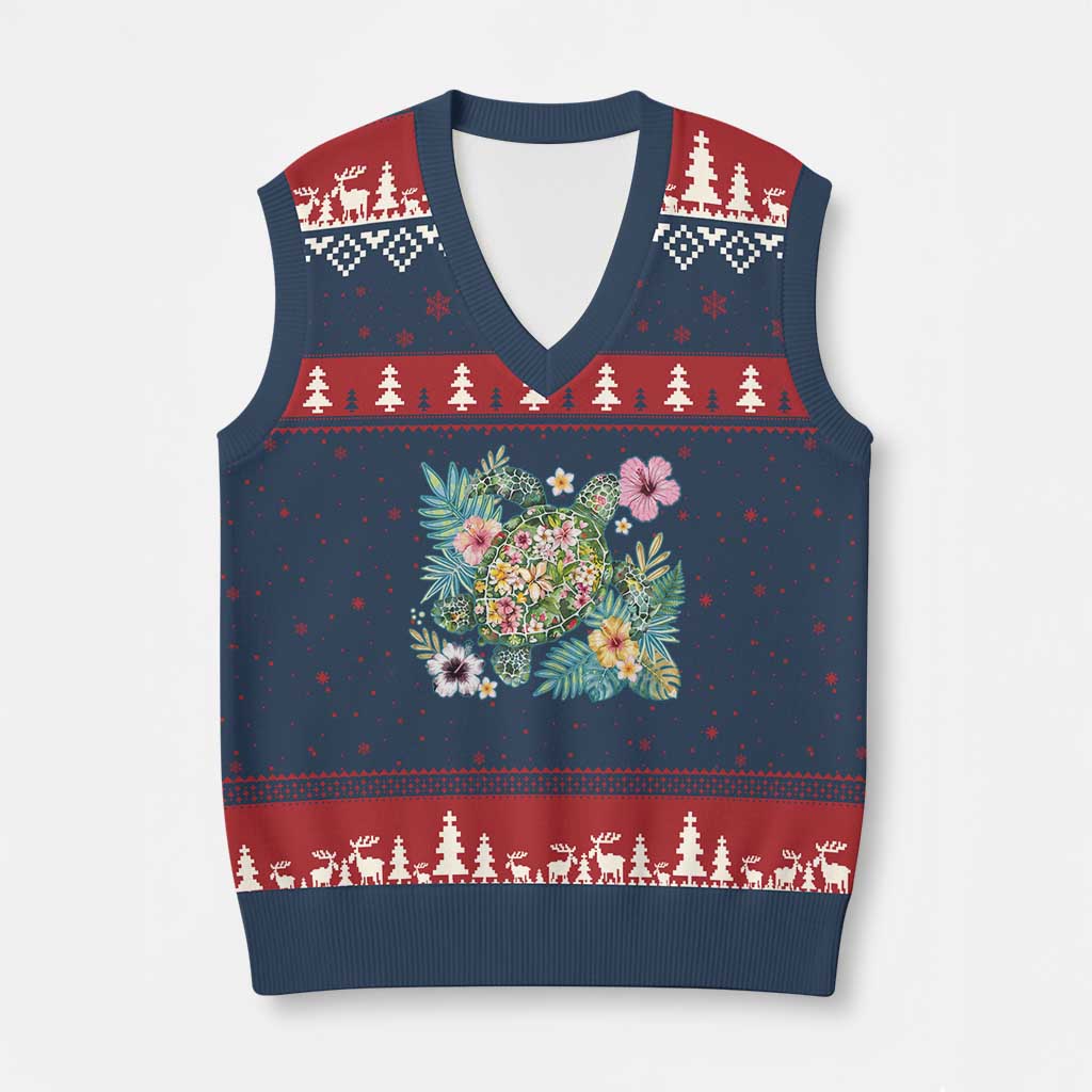Floral Summer Turtle V-Neck Knit Sweater Vest Preppy Tropical Coastal Beach Graphic