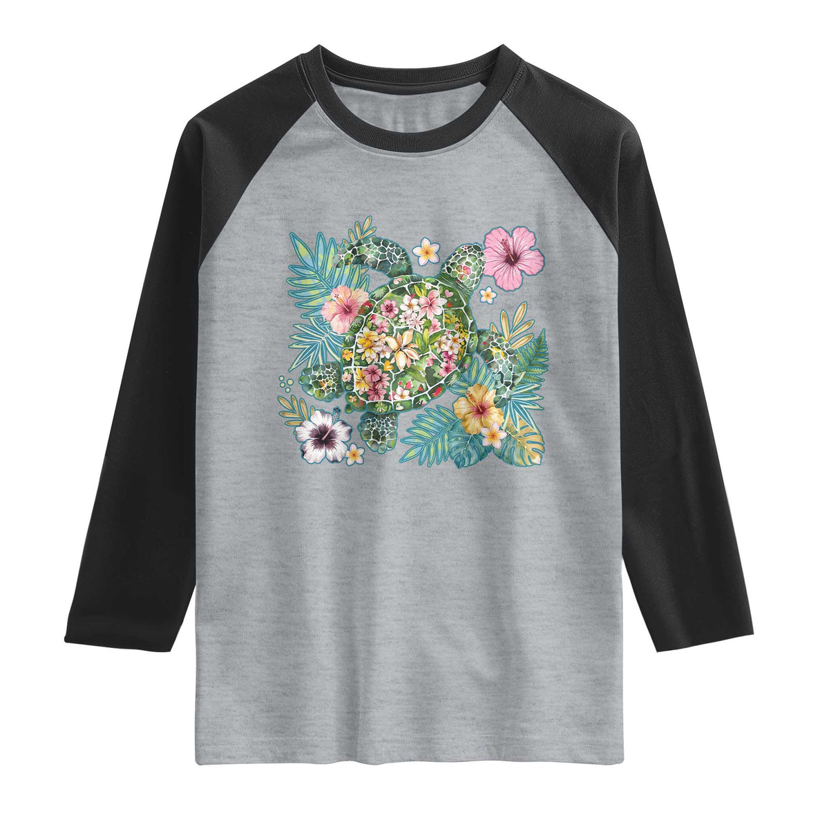 Floral Summer Turtle Raglan Shirt Preppy Tropical Coastal Beach Graphic