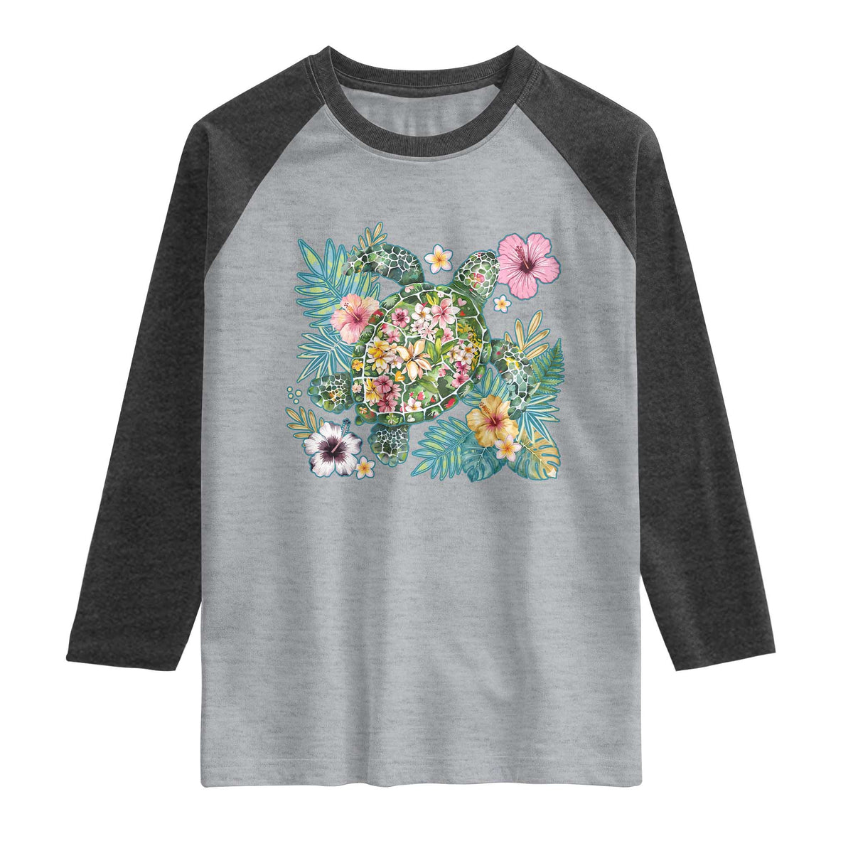 Floral Summer Turtle Raglan Shirt Preppy Tropical Coastal Beach Graphic