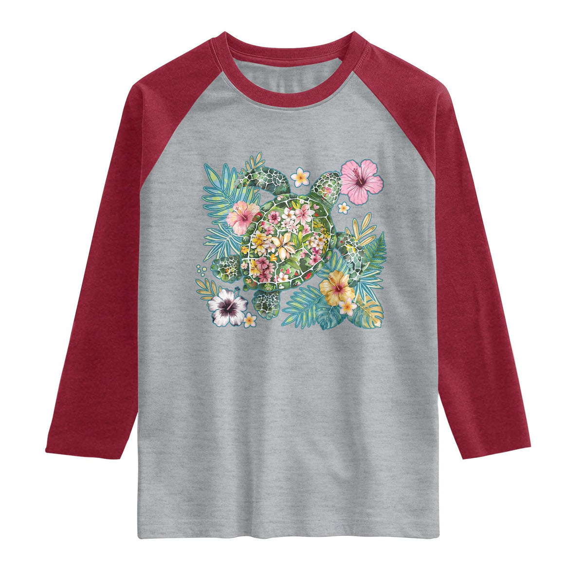 Floral Summer Turtle Raglan Shirt Preppy Tropical Coastal Beach Graphic