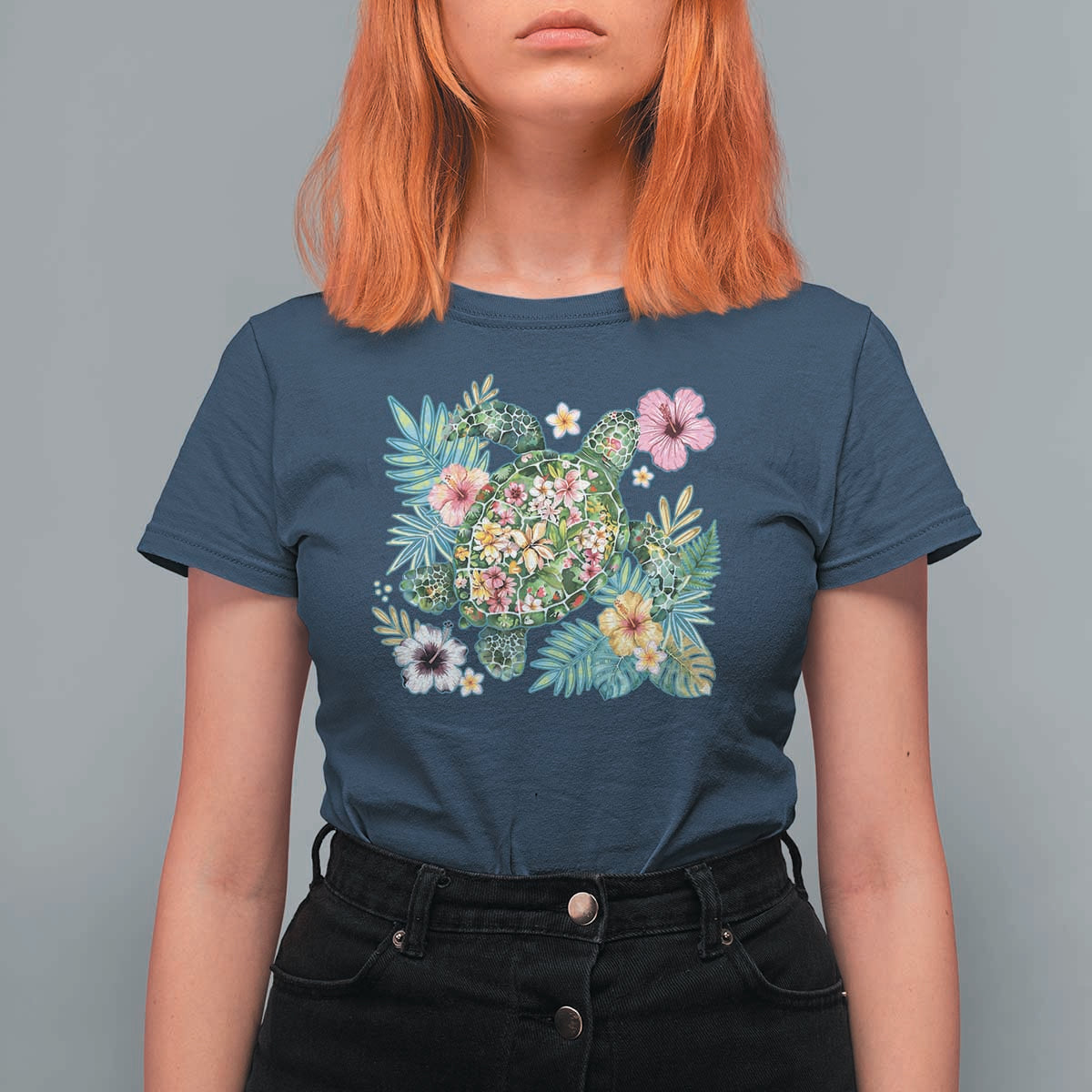 Floral Summer Turtle T Shirt For Women Preppy Tropical Coastal Beach Graphic