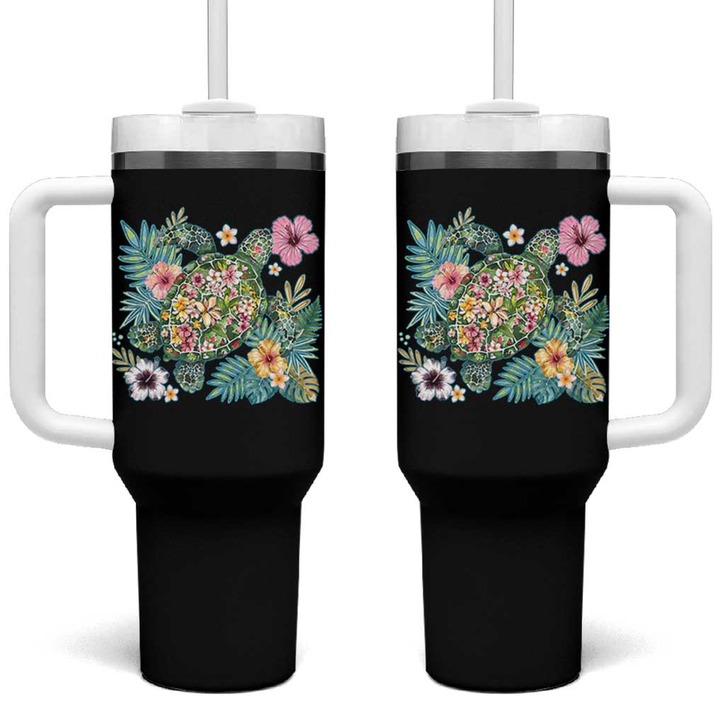 Floral Summer Turtle Tumbler With Handle Preppy Tropical Coastal Beach Graphic