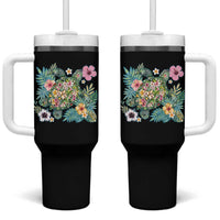 Floral Summer Turtle Tumbler With Handle Preppy Tropical Coastal Beach Graphic
