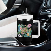 Floral Summer Turtle Tumbler With Handle Preppy Tropical Coastal Beach Graphic