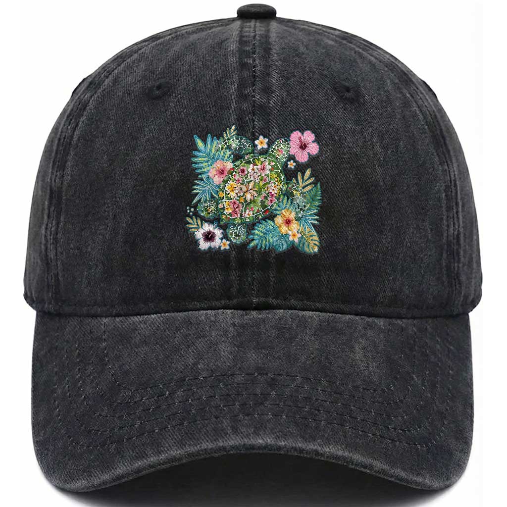Floral Summer Turtle Washed Cotton Baseball Cap Preppy Tropical Coastal Beach Graphic