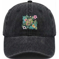 Floral Summer Turtle Washed Cotton Baseball Cap Preppy Tropical Coastal Beach Graphic