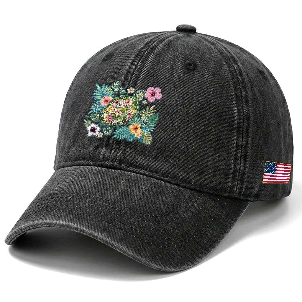Floral Summer Turtle Washed Cotton Baseball Cap Preppy Tropical Coastal Beach Graphic