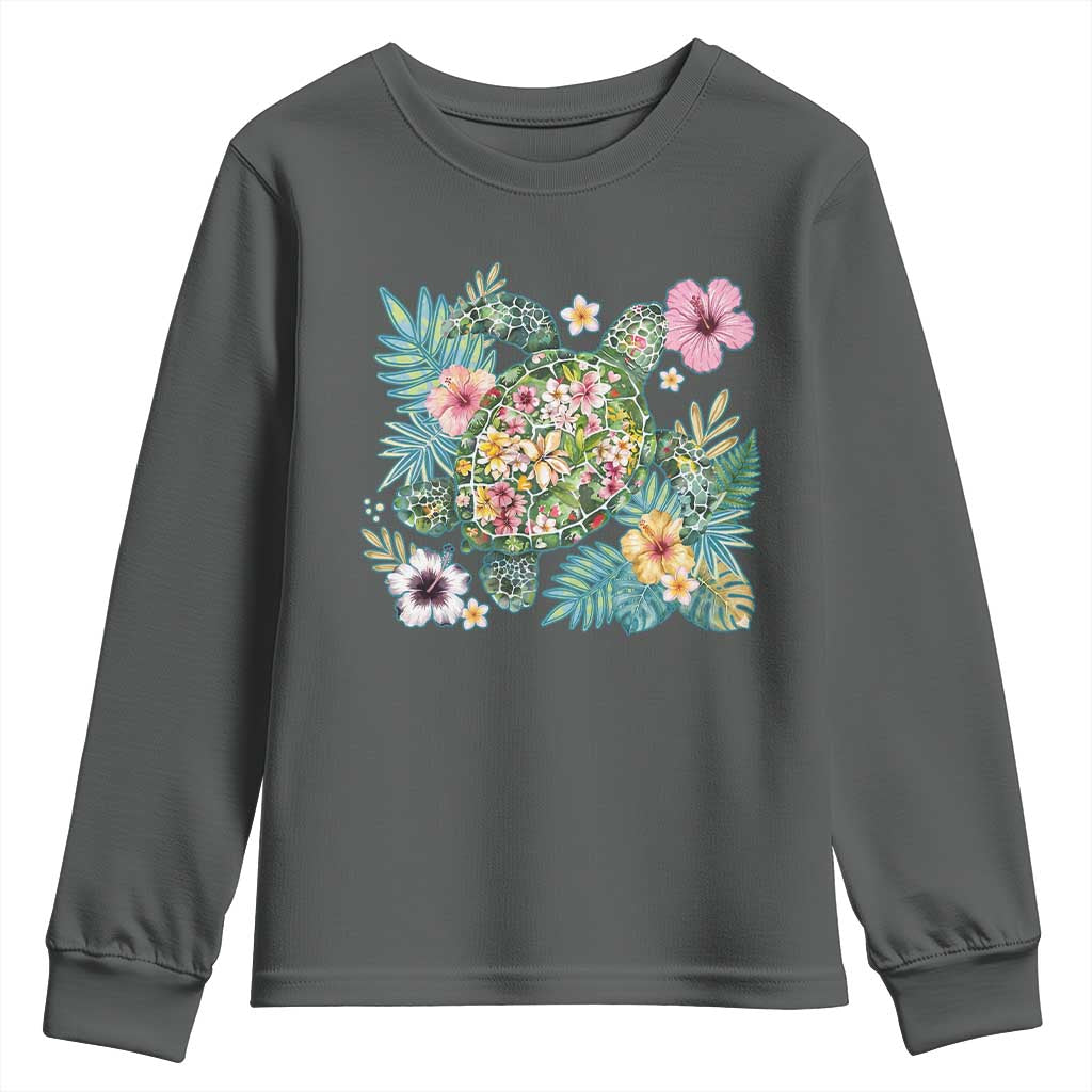 Floral Summer Turtle Youth Sweatshirt Preppy Tropical Coastal Beach Graphic