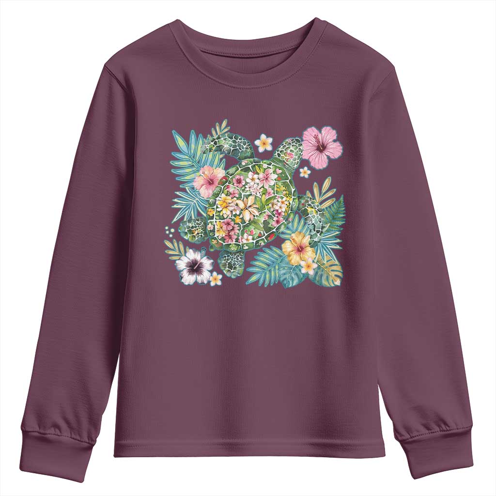 Floral Summer Turtle Youth Sweatshirt Preppy Tropical Coastal Beach Graphic
