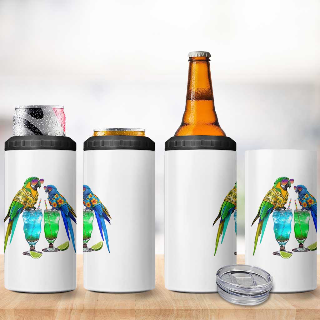 Hawaiian Parrots Drinking Margaritas 4 in 1 Can Cooler Tumbler Beach Vacation Gift