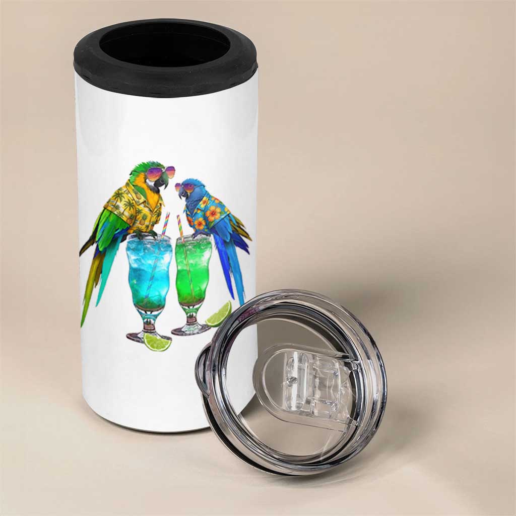 Hawaiian Parrots Drinking Margaritas 4 in 1 Can Cooler Tumbler Beach Vacation Gift