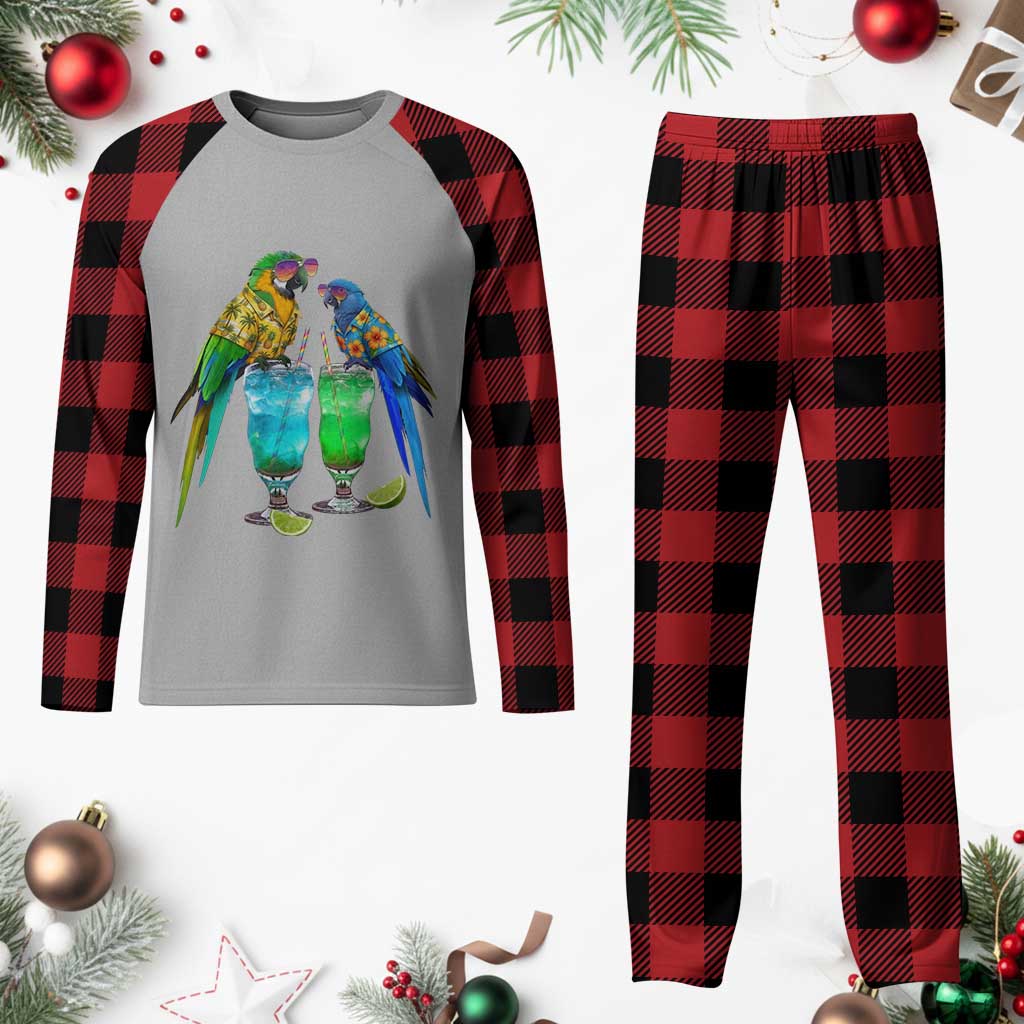 Hawaiian Parrots Drinking Margaritas Plaid Pajama Set Beach Vacation Gift