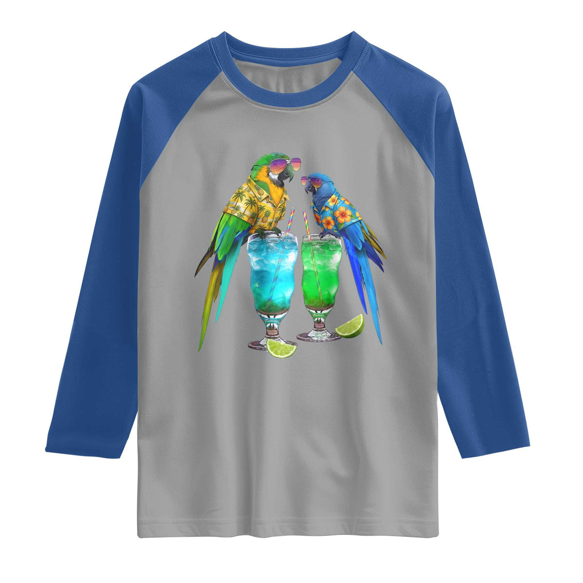 Hawaiian Parrots Drinking Margaritas Raglan Shirt Beach Vacation Gift