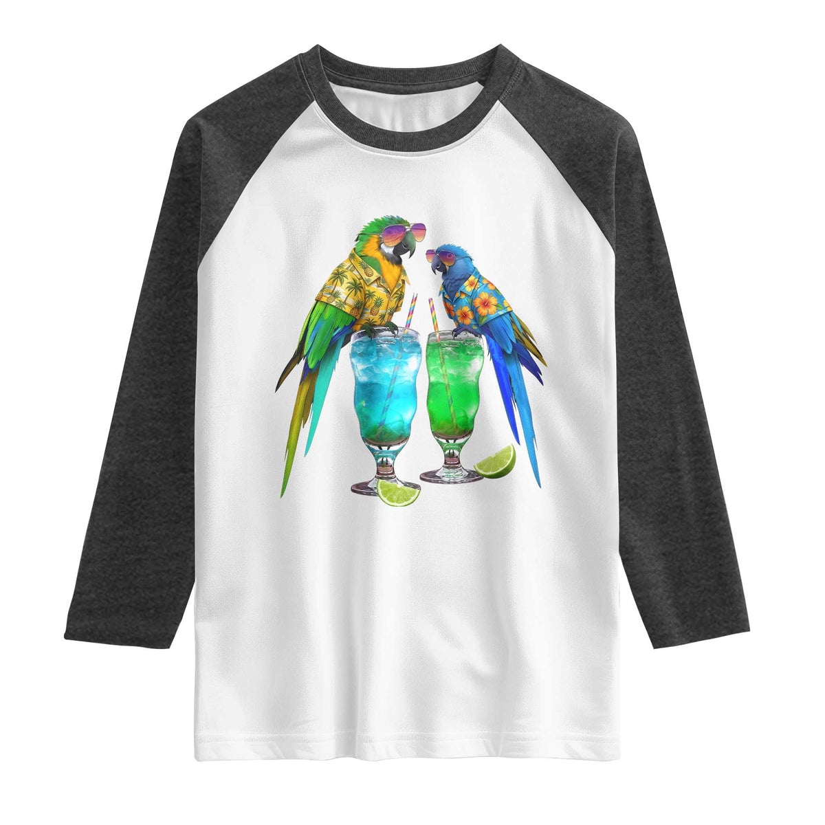 Hawaiian Parrots Drinking Margaritas Raglan Shirt Beach Vacation Gift