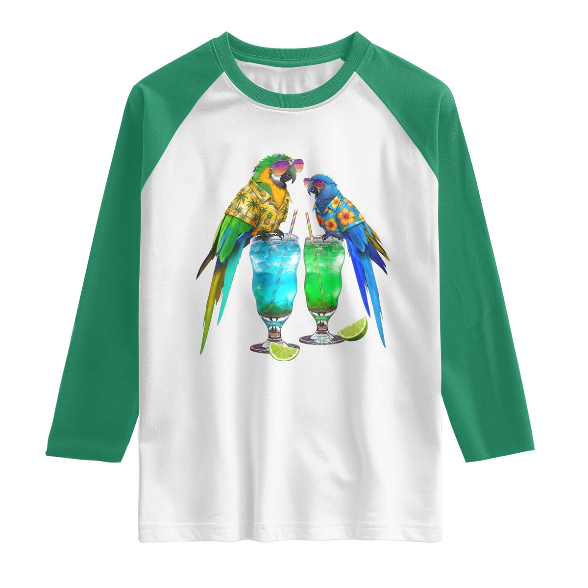 Hawaiian Parrots Drinking Margaritas Raglan Shirt Beach Vacation Gift