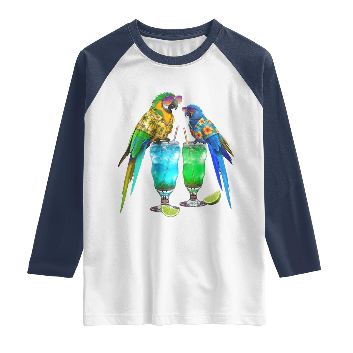 Hawaiian Parrots Drinking Margaritas Raglan Shirt Beach Vacation Gift