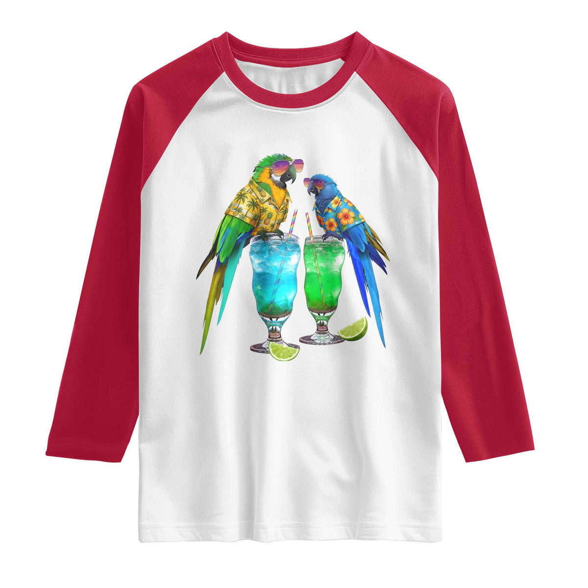 Hawaiian Parrots Drinking Margaritas Raglan Shirt Beach Vacation Gift