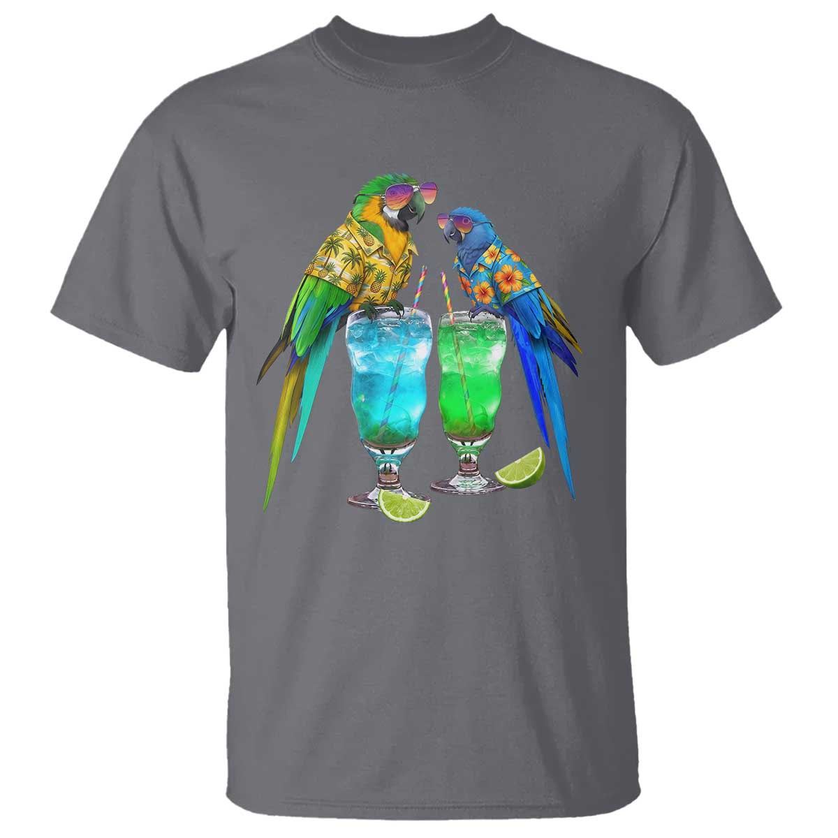 Hawaiian Parrots Drinking Margaritas T Shirt Beach Vacation Gift
