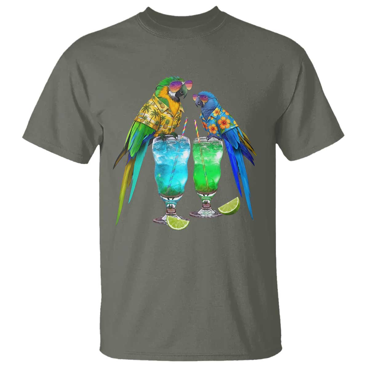 Hawaiian Parrots Drinking Margaritas T Shirt Beach Vacation Gift